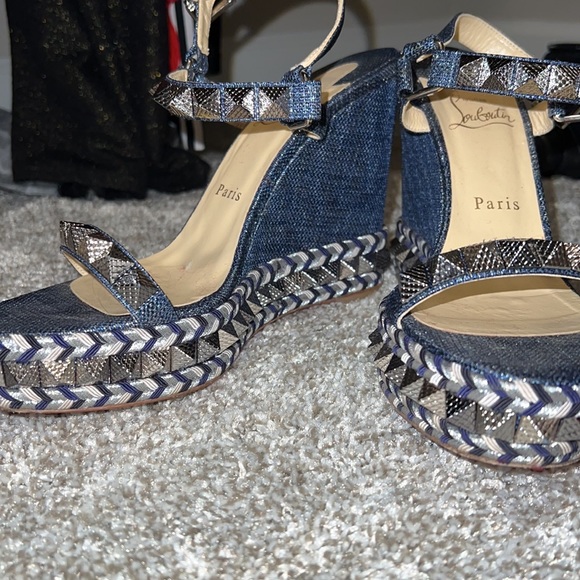 Chrisitan Louboutin Lame Lux Pyraclou 110 Wedge DENIM - Picture 6 of 6